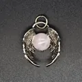 Macro view showing the intricate detail of silver angel wings cradling a rose quartz bead. - Rose Quartz