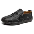 Zapatos casuales de cuero negro cosidos a mano con cremallera y suela plana - 36 / Negro
