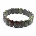 Detailed macro view of faceted natural dragon blood jasper stone beads on a stretch bracelet - Faceted Panel Style / Dragon Blood Stone