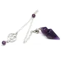 Close-up of the purple crystal hexagonal cone pendulum with silver chain and pentagram - Amethyst