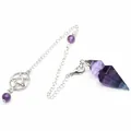Detailed view of natural fluorite crystal pendulum with pentagram charm and silver chain - Colorful Fluorite