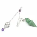 Close-up of a green hexagonal crystal pendulum with pentagram and amethyst beads. - Aventurine Jade