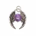 Close-up detail of natural amethyst bead angel wing pendant showing fine feather engraving - Amethyst