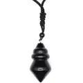 Detailed close-up of a black stone conical pendulum pendant with a black woven rope cord - Obsidian