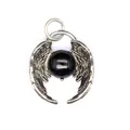Detailed view of vintage silver angel wings pendant with a polished black crystal bead. - Obsidian