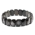Macro detail of faceted dark sheen obsidian rectangular bead hand row bracelet - Silver Obsidian