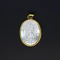 Detailed religious carving of Virgin Mary on natural mother of pearl oval pendant necklace detail. - Virgin of Guadalupe Style (aljylp1797) / Gold