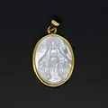 Detailed close-up of a carved mother-of-pearl Virgin Mary pendant in a gold frame - Virgin Mary Carved Style (aljylp1797) / Gold