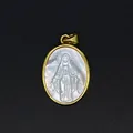 Close-up of a natural mother of pearl pendant featuring a carved Virgin Mary icon. - St. Benedict Medal Style (aljylp1797) / Gold