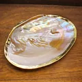 Macro view of a natural iridescent pearl shell tray with an elegant gold-plated rim - Gold