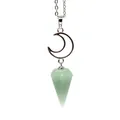Detail showing green aventurine hexagonal cone pendant and silver crescent moon charm - Necklace / Aventurine Jade