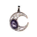 Close-up view of vintage bronze moon pendant featuring an elegant purple oval stone - Amethyst