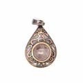 Detailed view of antique bronze hollow water-drop pendant featuring a pink natural stone - Strawberry Quartz