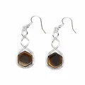 Detailed shot of hexagonal tiger eye stone earrings with silver twisted design - Tiger's Eye