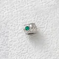 Polished stainless steel slider bead featuring a round green zircon for DIY jewelry - Embossed Striped Green Zirconia Bead (Z1-3) / Steel Color (with Green Zirconia)