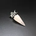 Close-up of rose quartz cone pendulum pendant with pentagram and moon detail - Pendant Only (Rose Quartz)