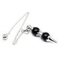 Close-up detail of a dowsing pendulum with 12mm black stone beads and silver chain - Pendulum Pendant (Obsidian) / Obsidian