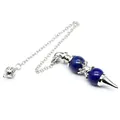 Detail of lapis lazuli dowsing pendulum with silver chain and conical metal tip - Lapis Lazuli