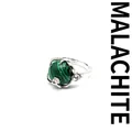 Elegant silver-toned adjustable open ring featuring a green malachite stone and flower detail - Malachite