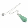 Detailed view of a green natural stone hexagonal pendulum with a silver chain - Aventurine Jade