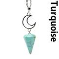 Turquoise natural stone crescent moon with hexagonal cone pendulum pendant necklace - Necklace / Turquoise