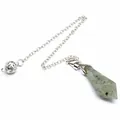 Close-up of hexagonal natural stone pendulum pendant with a polished silver chain - Labradorite
