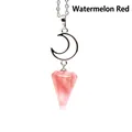Elegant watermelon red crystal moon pendant necklace with silver hexagonal stone - Necklace / Watermelon red