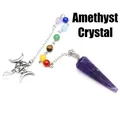 Amethyst hexagonal cone pendulum with 7 chakra beads and silver moon pentagram charm - Amethyst