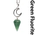 Crescent moon necklace featuring a natural green fluorite hexagonal cone pendant. - Necklace / Green Fluorite