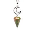 Natural Unakite crystal hexagonal cone pendant with silver crescent moon necklace - Necklace / Unakite