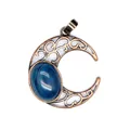 Exquisite close-up of a vintage hollow moon pendant with a blue vein stone oval gemstone. - Blue Agate