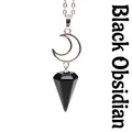 Handcrafted natural black obsidian hexagonal cone pendant moon necklace in polished silver tone - Necklace / Obsidian