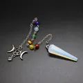 Hexagonal opalite crystal dowsing pendulum with seven chakra beads and moon star charm - Opal