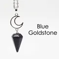 Blue sandstone hexagonal cone pendant necklace with silver moon accent on white background - Necklace / Blue Sandstone