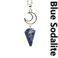 Natural sodalite blue vein stone hexagonal pendant necklace with silver crescent moon - Necklace / Blue Sodalite