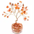 Detailed view of carnelian crystal money tree with gold wire branches and glass base - Red Agate