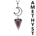 Natural amethyst hexagonal cone pendant necklace with a silver crescent moon charm - Necklace / Amethyst