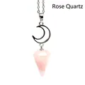 Natural rose quartz hexagonal cone pendant necklace with crescent moon charm - Necklace / Rose Quartz