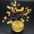 Handcrafted yellow crystal money tree of life ornament in a glass bowl for office decor - Citrine