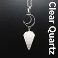 White crystal hexagonal pendulum necklace with silver crescent moon charm accessory - Necklace / White Crystal