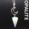 Elegant silver moon necklace featuring a milky translucent opalite hex cone pendant - Necklace / Opal