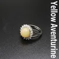 Elegant yellow aventurine jade flower ring with sparkling micro-set crystals, adjustable size - Yellow Aventurine
