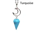 Crescent moon necklace with turquoise hexagonal cone pendant for spiritual bohemian style. - Necklace / Blue Turquoise