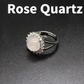 Elegant silver micro-pave adjustable open ring with a round rose quartz stone - Rose Quartz