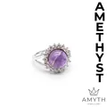 Elegant silver-toned ring with a round purple amethyst stone and a sparkling zircon halo - Amethyst