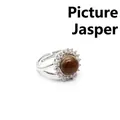 Elegant adjustable silver ring featuring a round picture jasper stone and CZ halo - Jasper