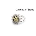 Adjustable silver-plated ring featuring a Dalmatian Jasper stone with a sparkling halo - Dalmatian Jasper