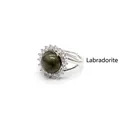 Elegant adjustable silver ring featuring a round labradorite stone and sparkling crystal halo - Labradorite