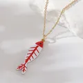 Fashionable stainless steel gold chain necklace featuring a red and white fish bone pendant - Red (NAF08-9)