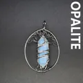 Handmade wire wrapped Tree of Life opal crystal hexagonal pillar pendant necklace - Opal (Silver)